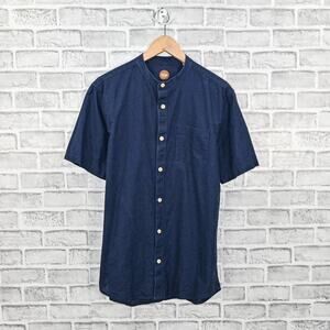 Common People Men's Rio SS Grandad Shirt Navy Blue Linen Cotton size M